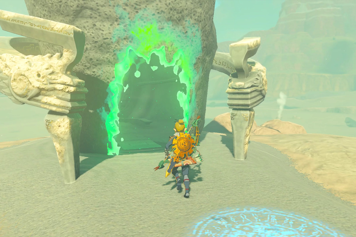 Link running into Miryotanog Shrine in the Gerudo Desert of Zelda: Tears of the Kingdom