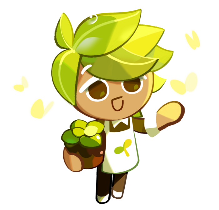 Herb cookie holds a potted plant and has cute little butterflies fluttering around him. 