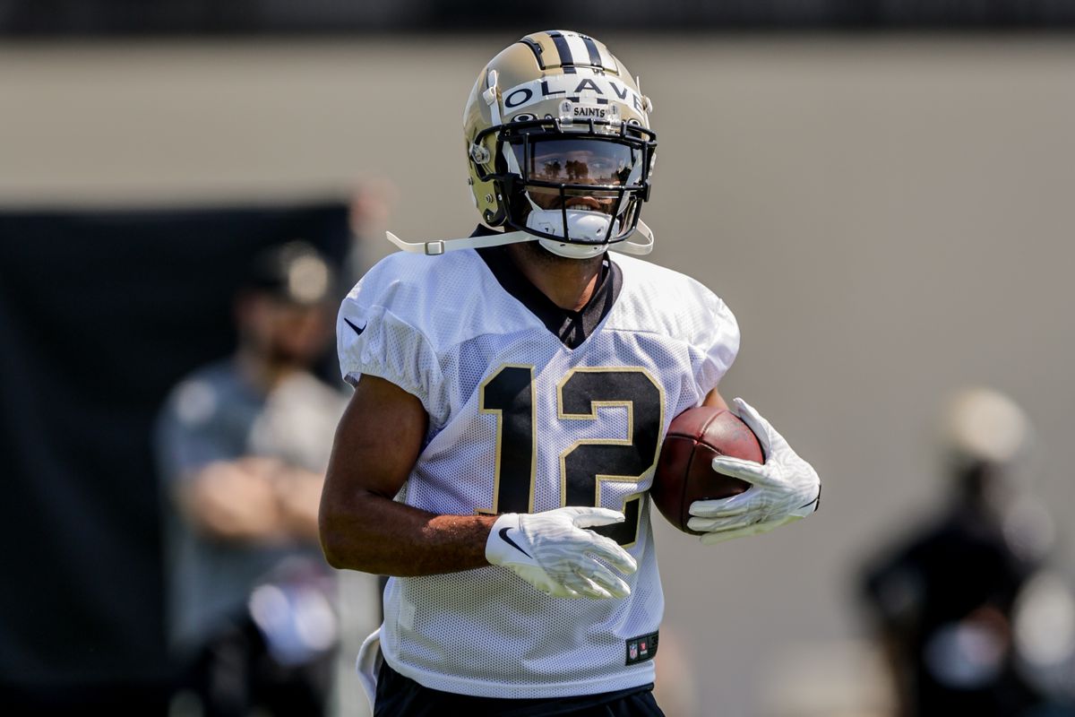 New Orleans Saints wide receiver Chris Olave (12) during rookie camp at the New Orleans Saints Training Facility.&nbsp;