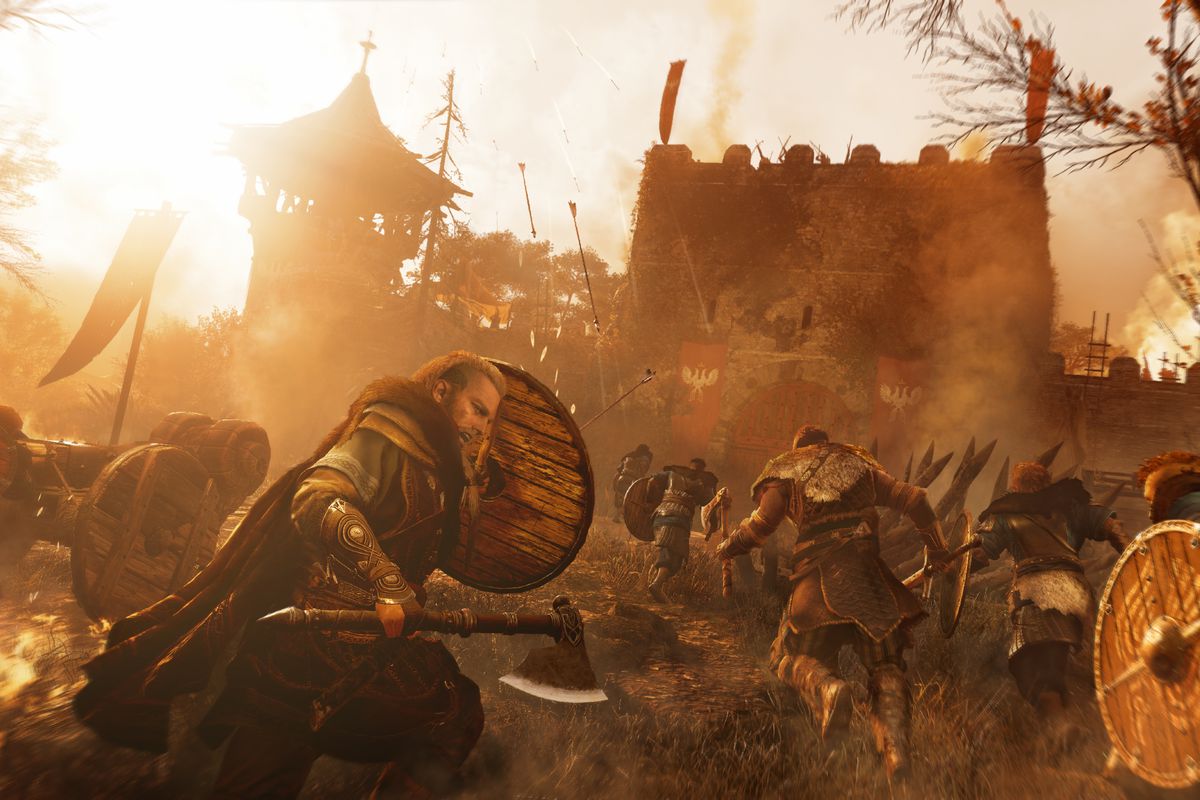 the male Eivor in Assassin’s Creed Valhalla holding up a wooden shield to block arrows during a siege