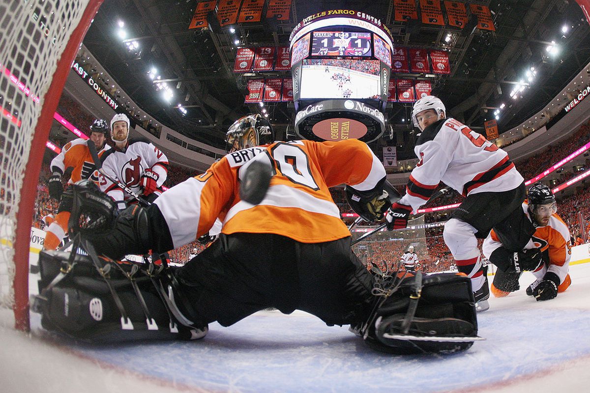 The game winning goal from David Clarkson.  (Photo by Bruce Bennett/Getty Images)
