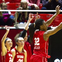 Utah forward Tanaeya Boclair (32) shoots a 3-pointer during an NCAA women's college basketball game against Brigham Young in Salt Lake City on Saturday, Dec. 10, 2016. Utah defeated rival Brigham Young 77-60.