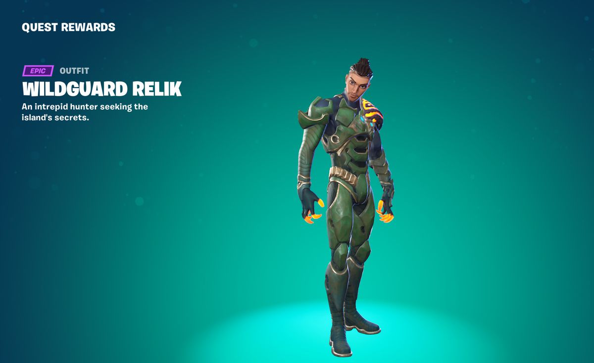 Wildguard Relik, wearing an armor variant with dark green and orange accents in Fortnite