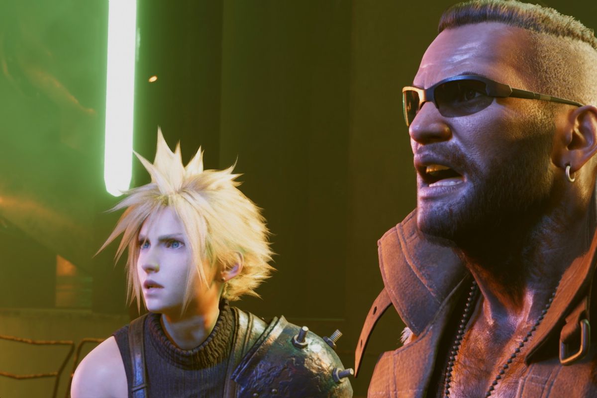 Cloud and Barrett look shocked in a screenshot from Final Fantasy 7 Remake
