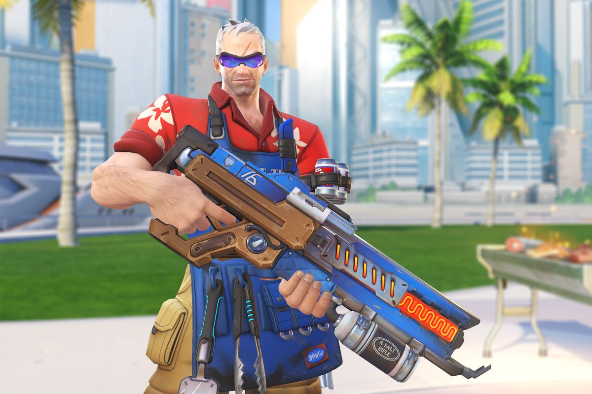 A screenshot of Soldier: 76 in Overwatch, dressed in barbecue gear