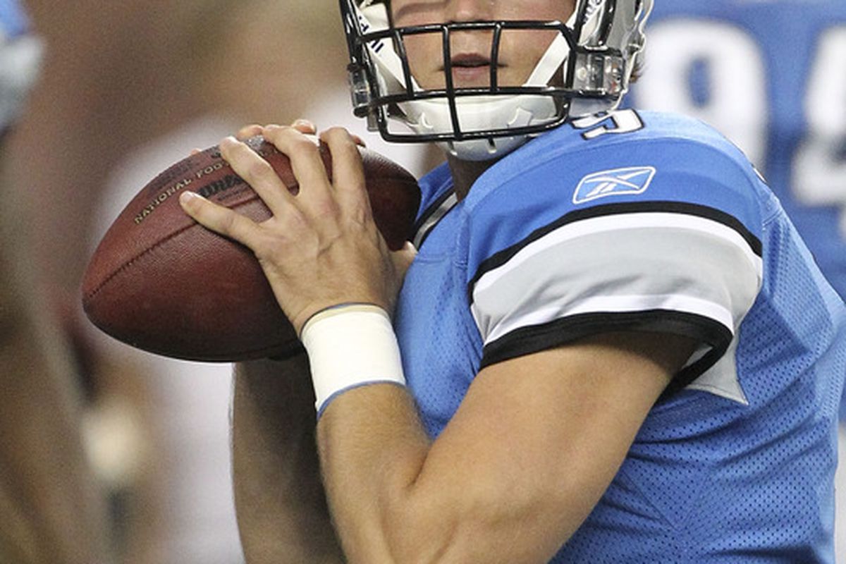 DETROIT, MI - SEPTEMBER 18: Matt Stafford #9 of the Detroit Lions warms up prior to the start of the game against the Kansas City Chiefs at Ford Field on September 18, 2011 in Detroit, Michigan.  (Photo by Leon Halip/Getty Images)