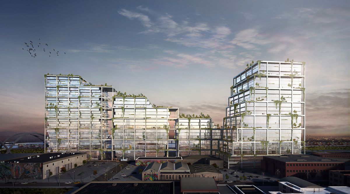 A rendering of the Mesquit project designed by Bjarke Ingels. There are a group of buildings with glass facades. A courtyard is in the center of the buildings. 