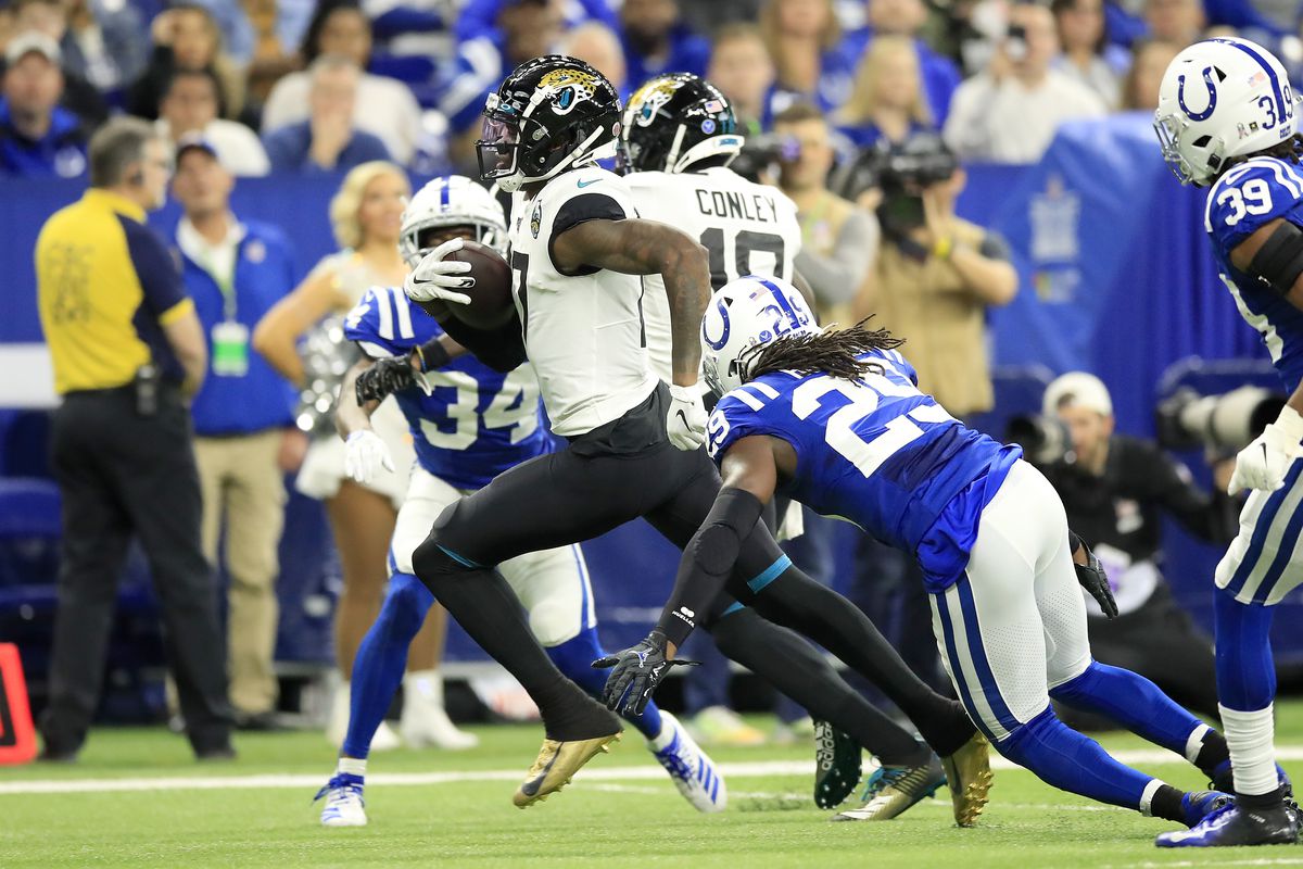 DJ Chark Jr of the Jacksonville Jaguars runs for a touchdown against the Indianapolis Colts at Lucas Oil Stadium on November 17, 2019 in Indianapolis, Indiana.