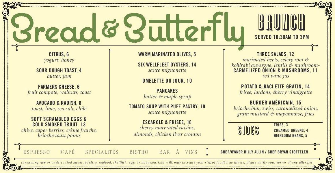 Bread & Butterfly brunch menu