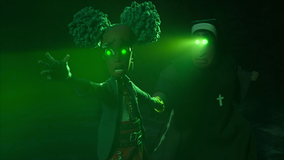 Thirteen-year-old Black teenager Kat (voiced by Lyric Ross) stands in dark green lighting with her eyes glowing green and a tall, spooky nun behind her, eyes also glowing green, in the stop-motion movie Wendell &amp; Wild.