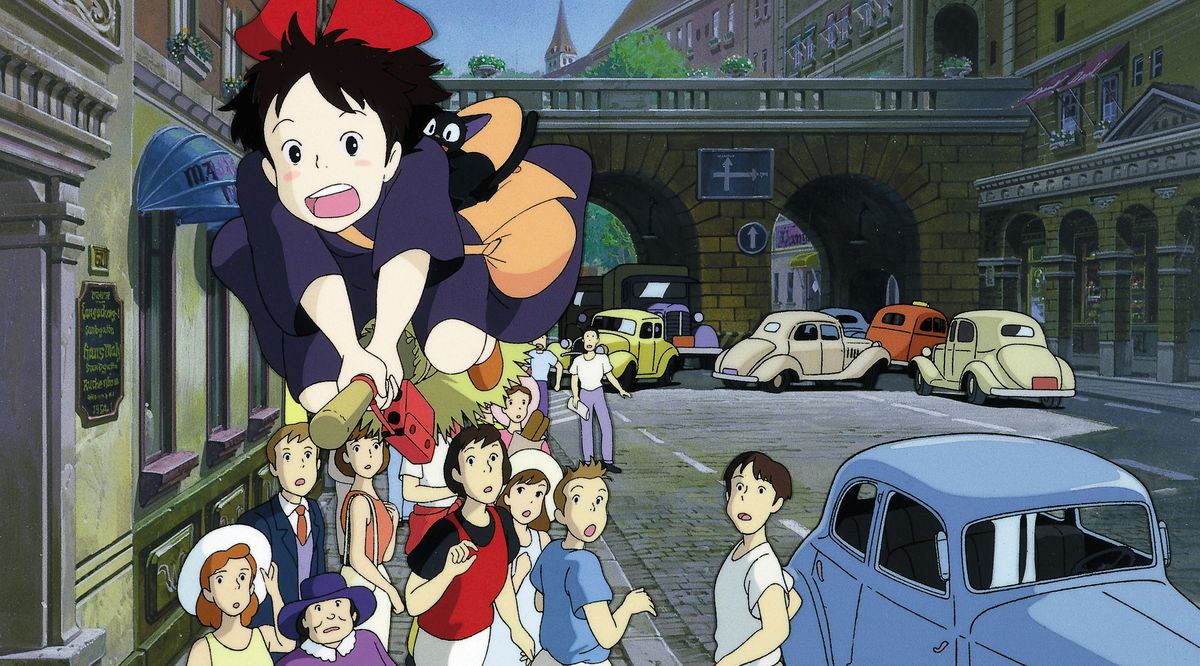 In Kiki's Delivery Service, the witch Kiki storms through an astonished city on her flying broomstick