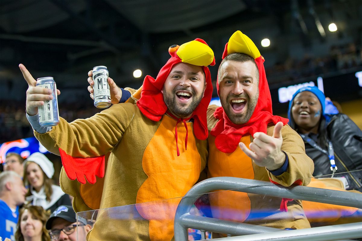 Some Detroit Lions fans dressed up in their turkey outfits having fun during an NFL, Thanksgiving Day game against the Chicago Bears at Ford Field on November 22, 2018 in Detroit, Michigan.