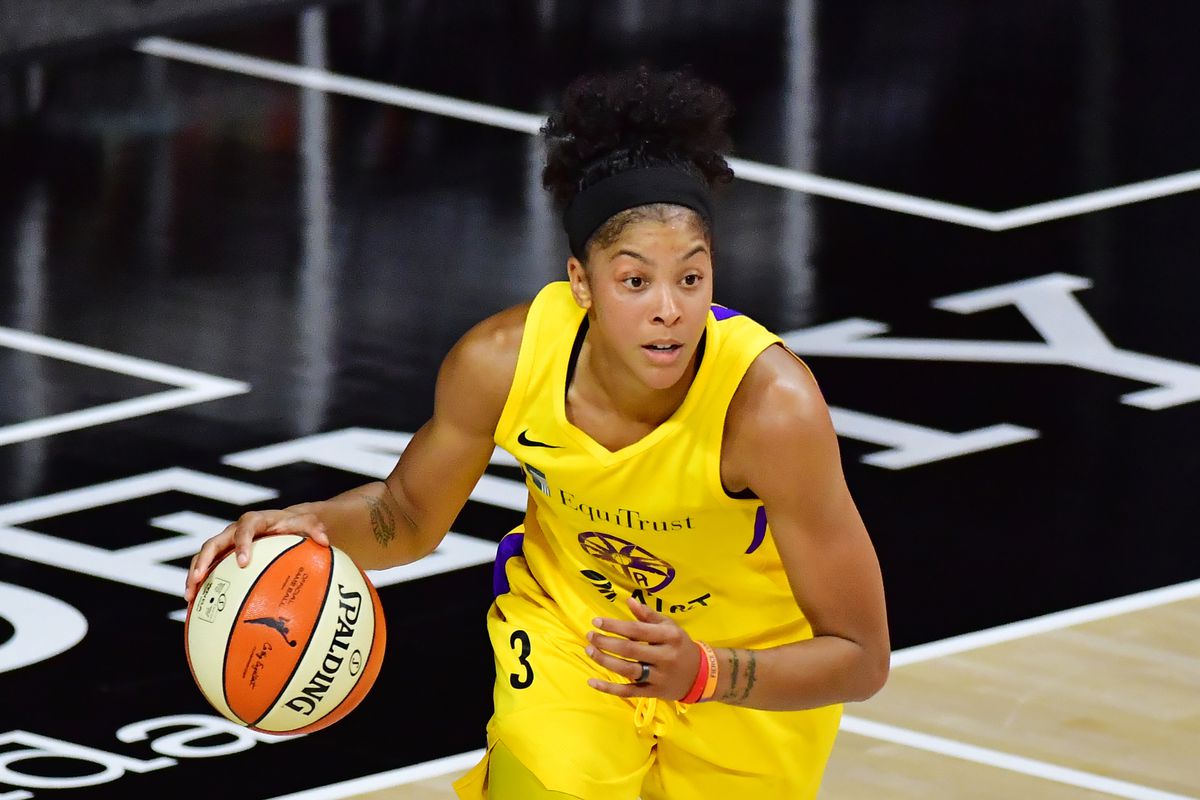 Candace Parker of the Los Angeles Sparks dribbles during the first half of Game One of their Second Round playoff against the Connecticut Sun at Feld Entertainment Center on September 17, 2020 in Palmetto, Florida.&nbsp;
