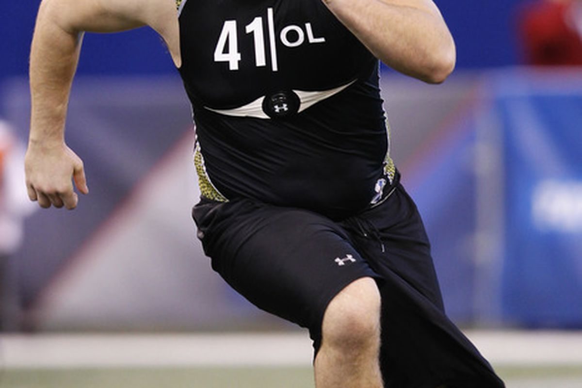 INDIANAPOLIS, IN - FEBRUARY 25: Offensive lineman Riley Reiff of Iowa participates in a drill during the 2012 NFL Combine at Lucas Oil Stadium on February 25, 2012 in Indianapolis, Indiana. (Photo by Joe Robbins/Getty Images)