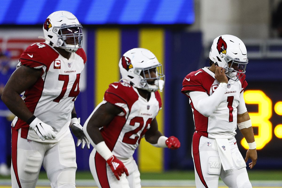 Kyler Murray #1 of the Arizona Cardinals walks off the field during the fourth quarter against the Los Angeles Rams in the NFC Wild Card Playoff game at SoFi Stadium on January 17, 2022 in Inglewood, California.