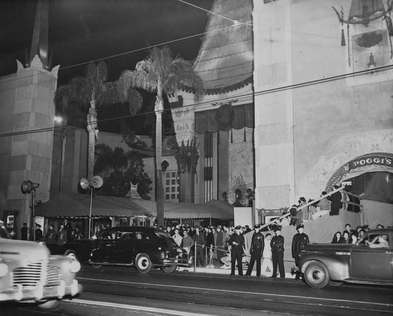 View from the street of the Chinese Theatre as guests arrive for the Academy Awards.