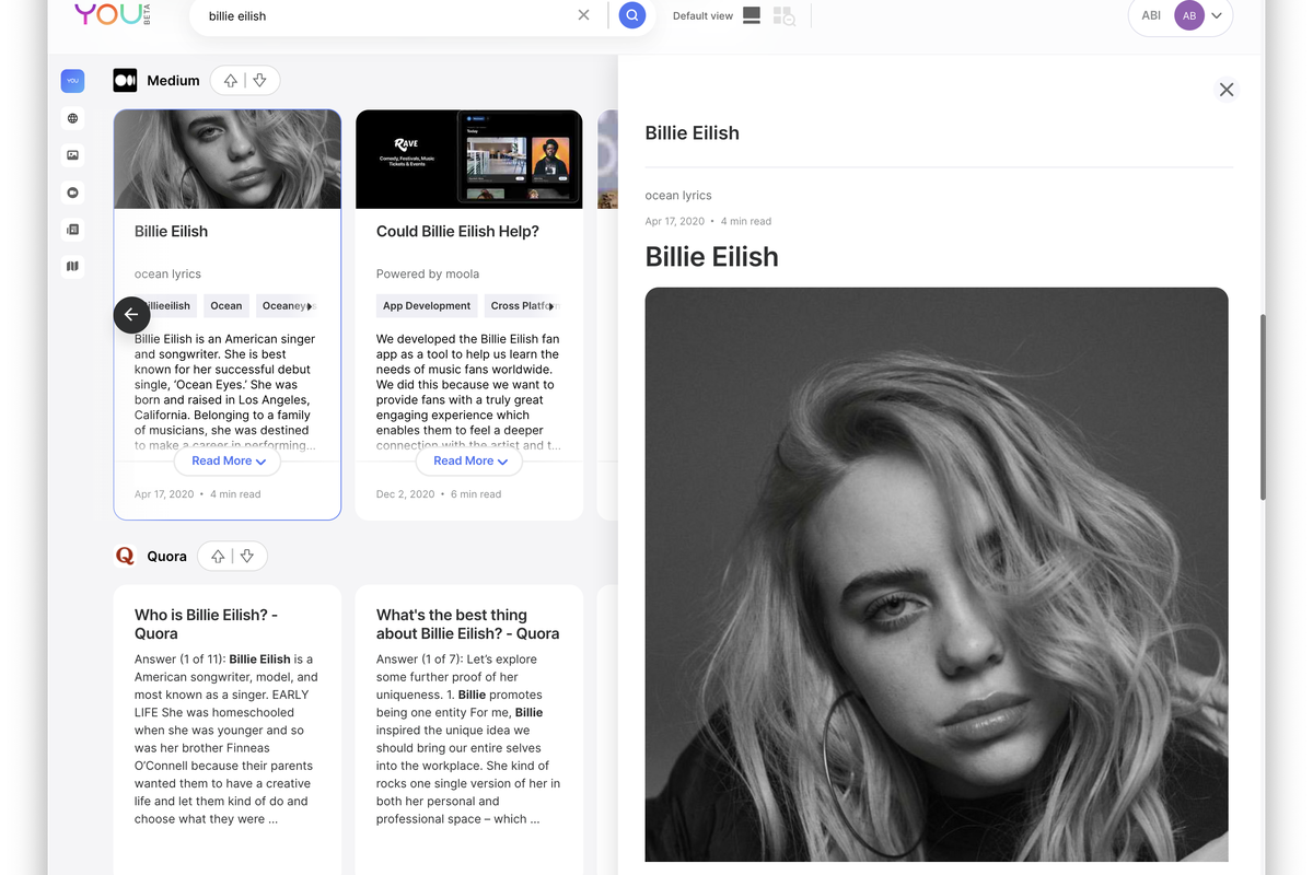 A You.com search page showing results for “Billie Eilish”