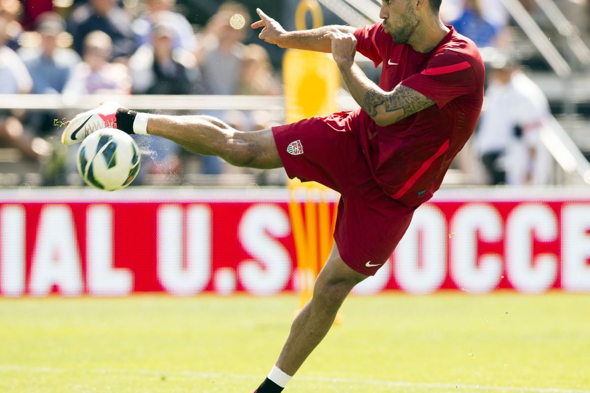 September 9, 2012; Columbus, OH, USA; USA midfielder Clint Dempsey connects on a half-volley during training at Columbus Crew Stadium. Mandatory Credit: Greg Bartram-US PRESSWIRE