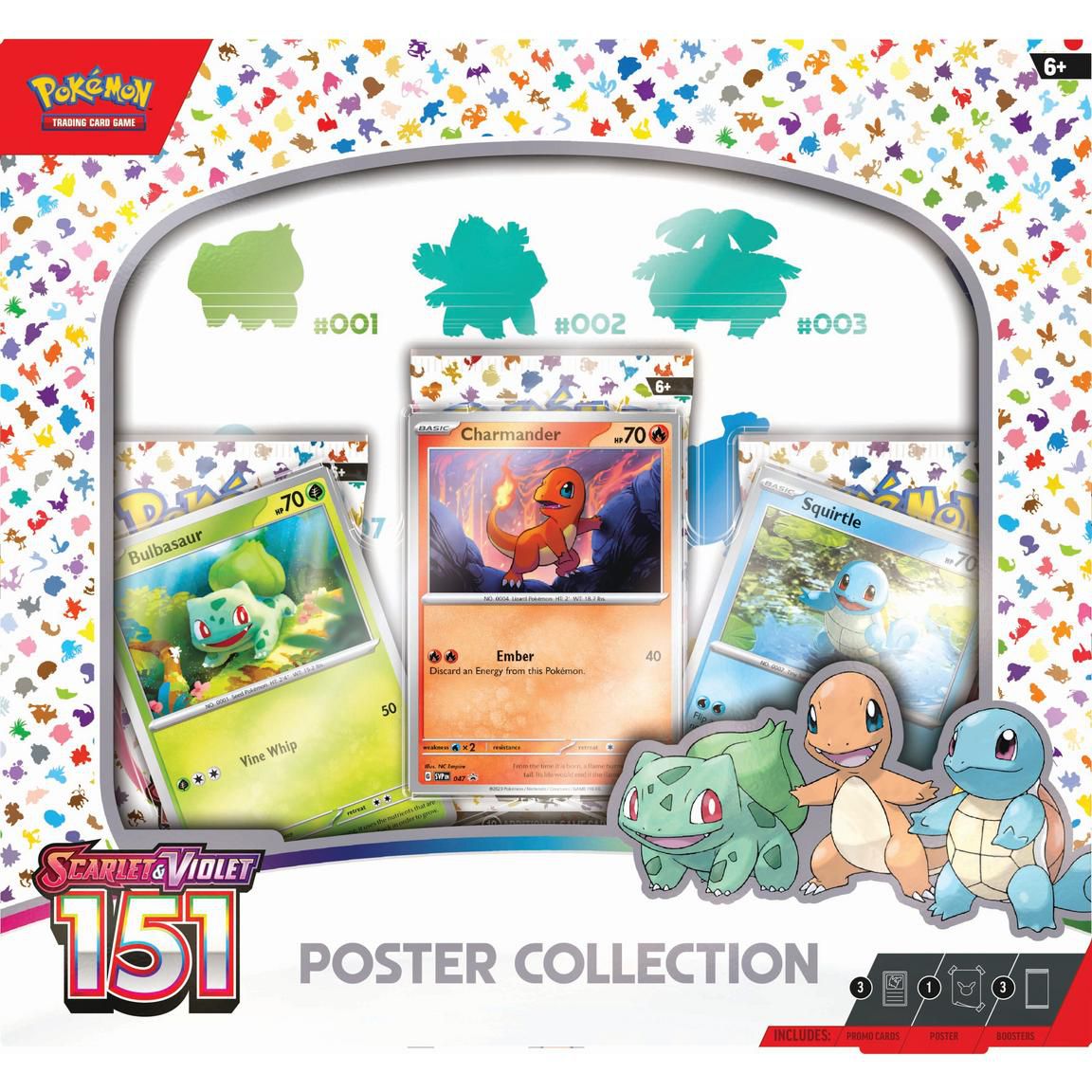 Una caja de la colección de pósters de Pokémon Scarlet y Violet: 151 Collection TCG, que incluye tres cartas de Bulbasaur, Charmander y Squirtle.
