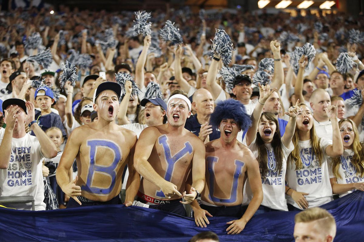 Brigham Young Cougars fans cheer in Phoenix on Saturday, Sept. 3, 2016. BYU leads 9-0 at half.
