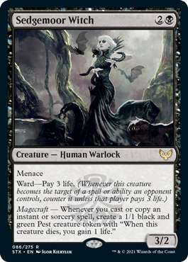 Card art for Sedgemoor Witch, a Human Warlock, shows they have both Menace, Ward, and Magecraft.