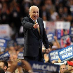 John McCain acknowledges the audience at the Republican National Convention in 2008.
