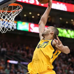 Utah Jazz center Rudy Gobert (27) dunks during the game against the Detroit Pistons at Vivint Smart Home Arena in Salt Lake City on Tuesday, March 13, 2018.