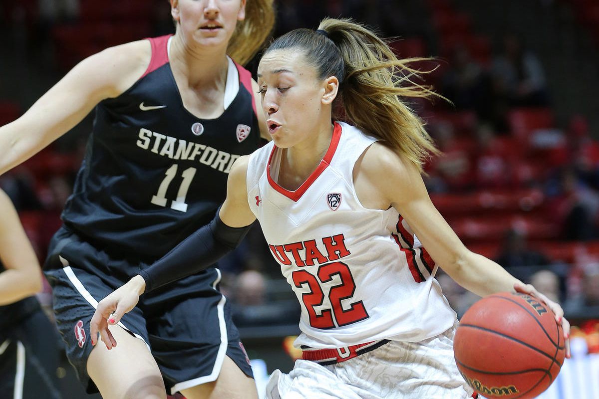 Utah Utes guard Danielle Rodriguez (22) gets past Stanford Cardinal forward Alanna Smith (11) in the paint as Utah and Stanford play in the Huntsman Center Sunday, Feb. 21, 2016. 