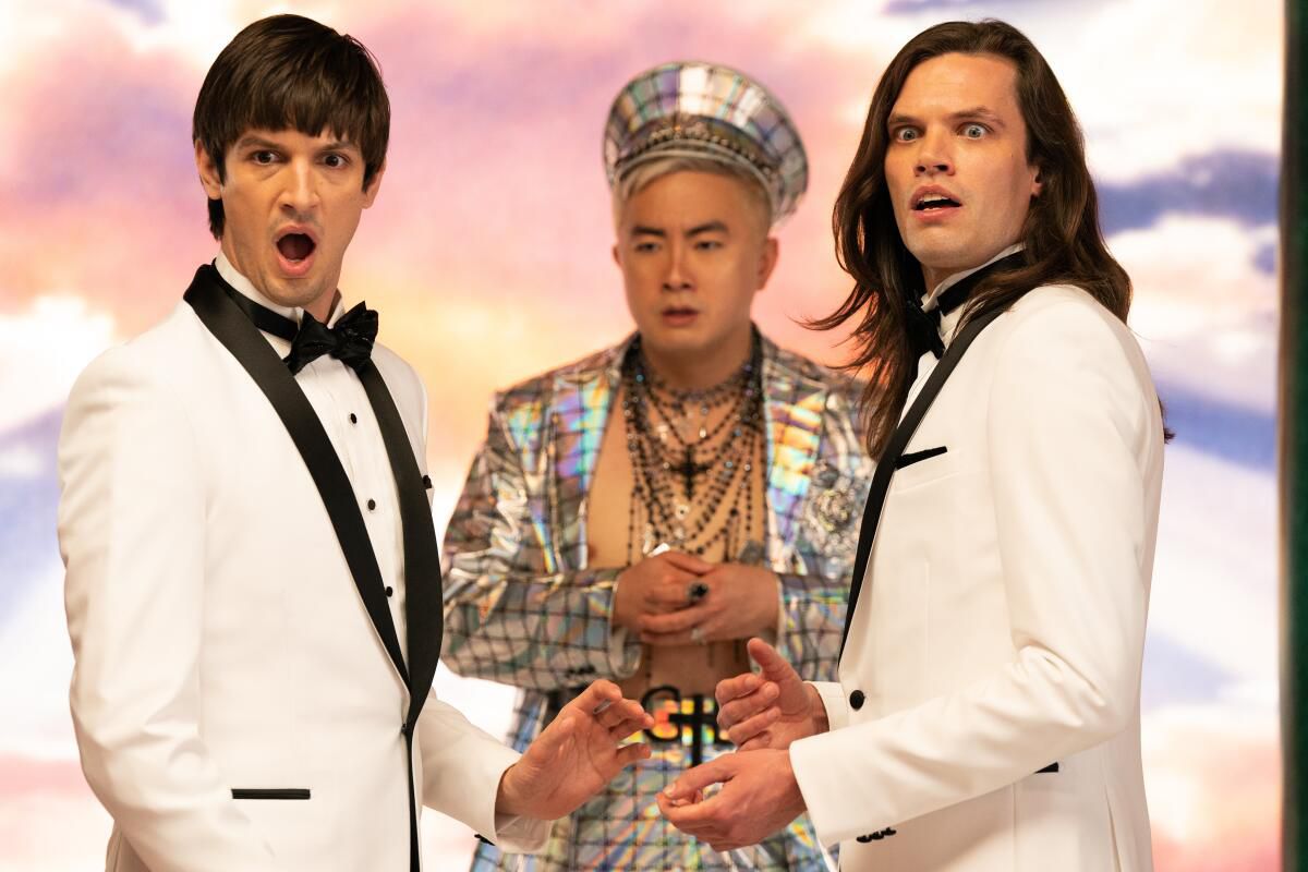 (L-R) Josh Sharp, Bowen Yang, and Aaron Jackson in Dicks: The Musical.