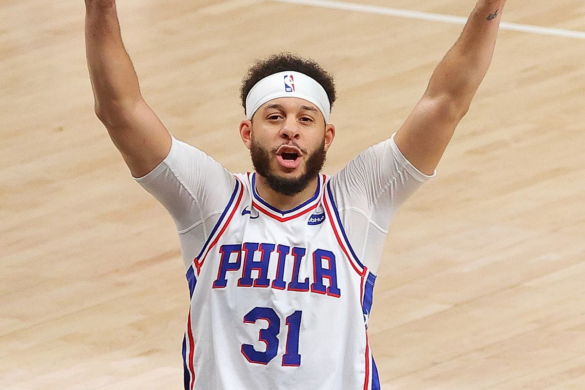 Seth Curry of the Philadelphia 76ers celebrates their 104-99 win over the Atlanta Hawks in game 6 of the Eastern Conference Semifinals at State Farm Arena on June 18, 2021 in Atlanta, Georgia.