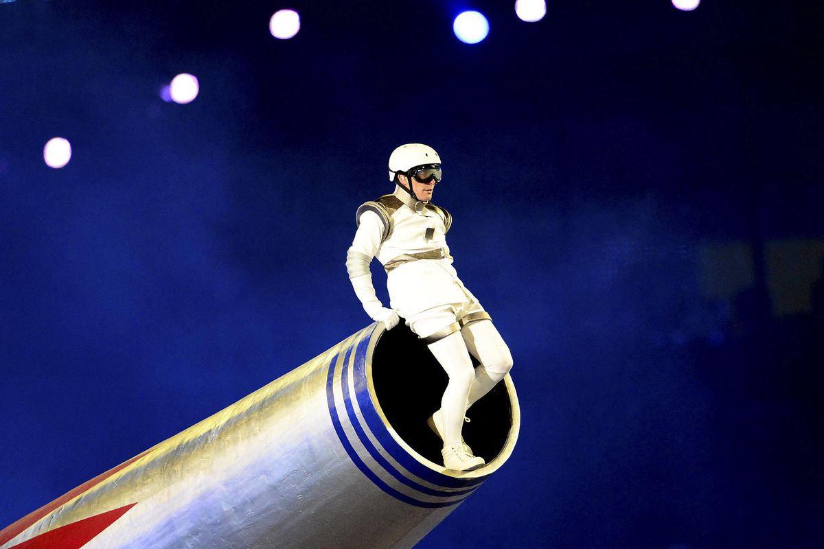 Aug 12, 2012; London, United Kingdom; Chacchi Valencia, alias 'The Rocket Man' is propelled 165feet into the air during the Closing Ceremony for the London 2012 Olympic Games at Olympic Stadium. Mandatory Credit: Andrew Weber-USA TODAY Sports