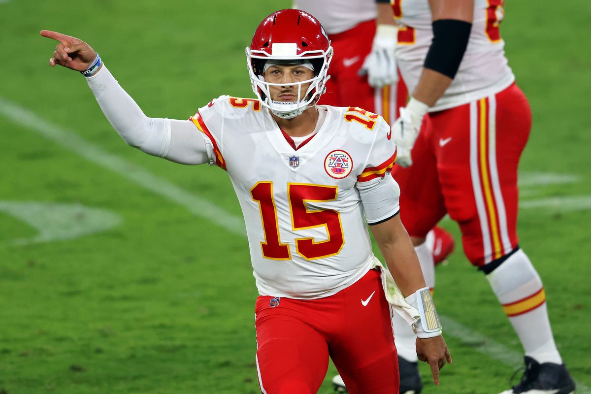Patrick Mahomes of the Kansas City Chiefs celebrates after a touchdown against Baltimore Ravens at M&amp;T Bank Stadium on September 28, 2020 in Baltimore, Maryland.