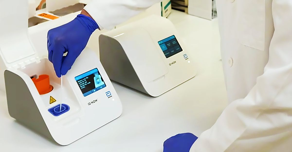 With Abbott Laboratories’ new rapid test for COVID-19, samples collected with nasal swabs are inserted in a machine that looks for the virus’ genetic material. Positive results appear in as little as five minutes.