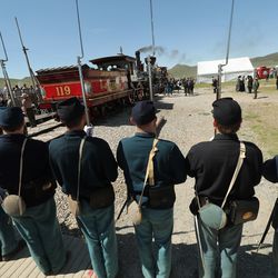 The 21st Infantry Company K participate in a re-enactment during the 150th anniversary celebration of the completion of the transcontinental railroad at the Golden Spike National Historical Park at Promontory Summit on Friday, May 10, 2019.