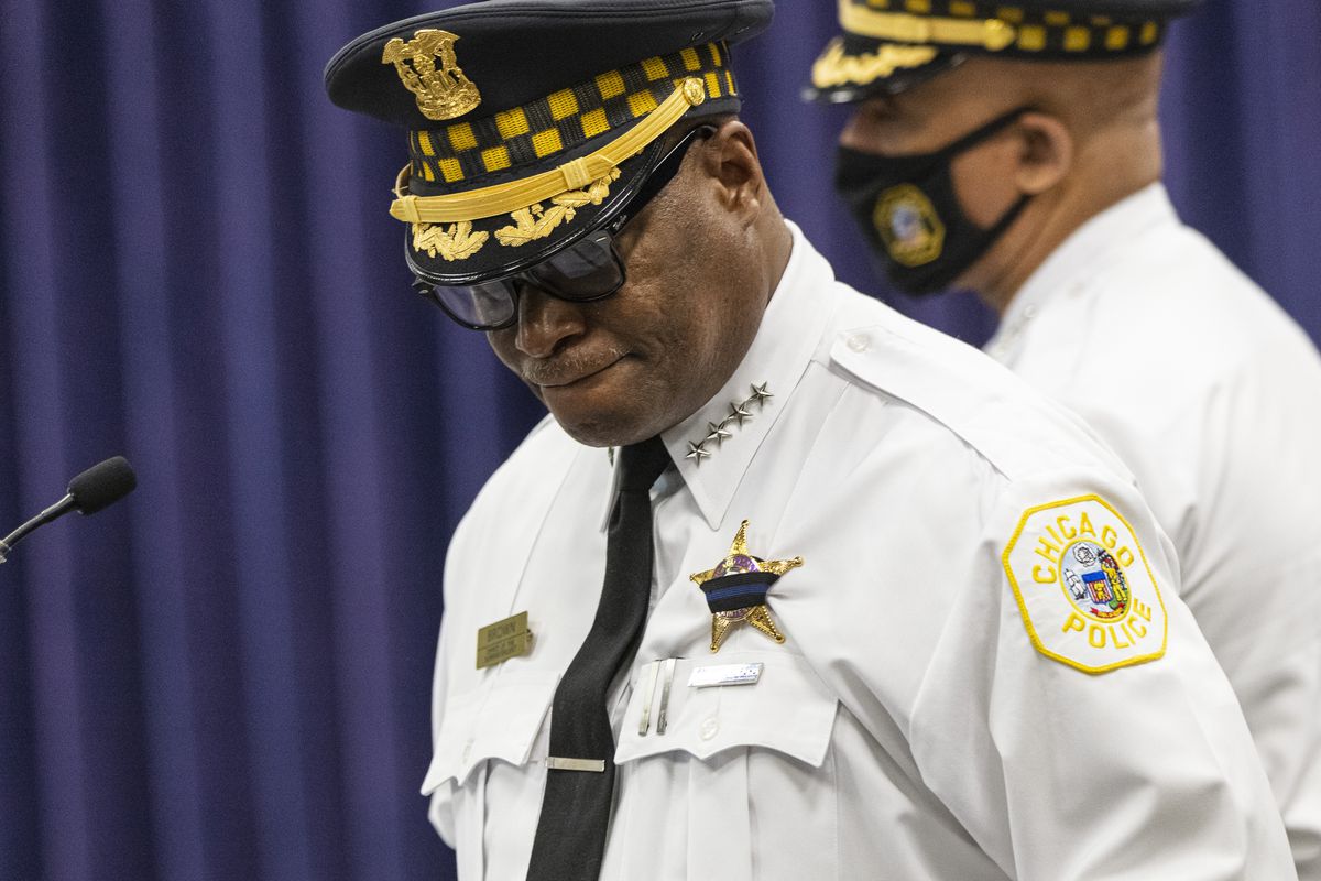 Chicago Police Supt. David Brown takes a moment as he provides an update on the shooting of two police officers in West Englewood during a press conference at CPD headquarters in Bronzeville, Sunday, Aug. 8, 2021. 