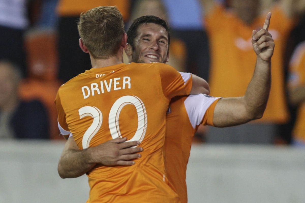 Will Bruin and Andrew Driver celebrate a 1-0 game-winning goal versus Crew on May 17th.