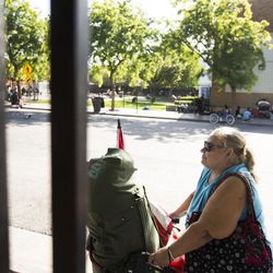 Christina Dubois waits in line for a bed in the women's shelter at The Road Home in Salt Lake City on Thursday, July 28, 2016.  Beds are assigned every day at 10 a.m.  When the beds are full women must sleep on a mat on the floor of the reception area or the day room.  Dubois got in line at 6:30 a.m.