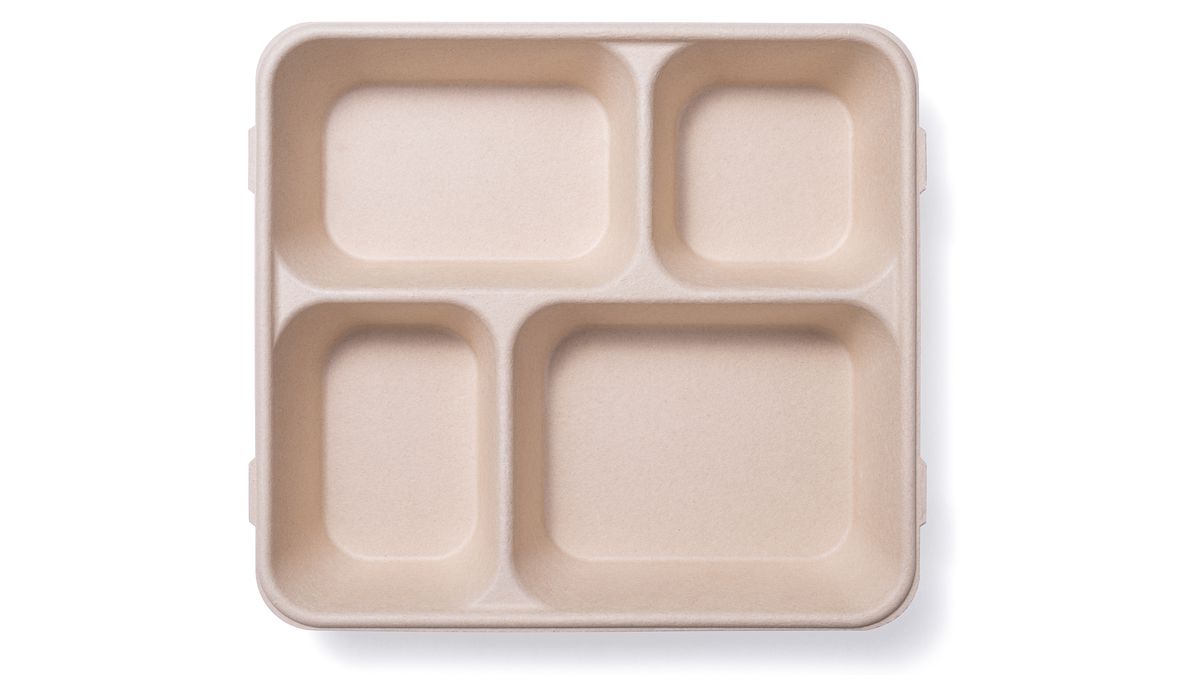 An empty, light brown disposable paper lunch tray.