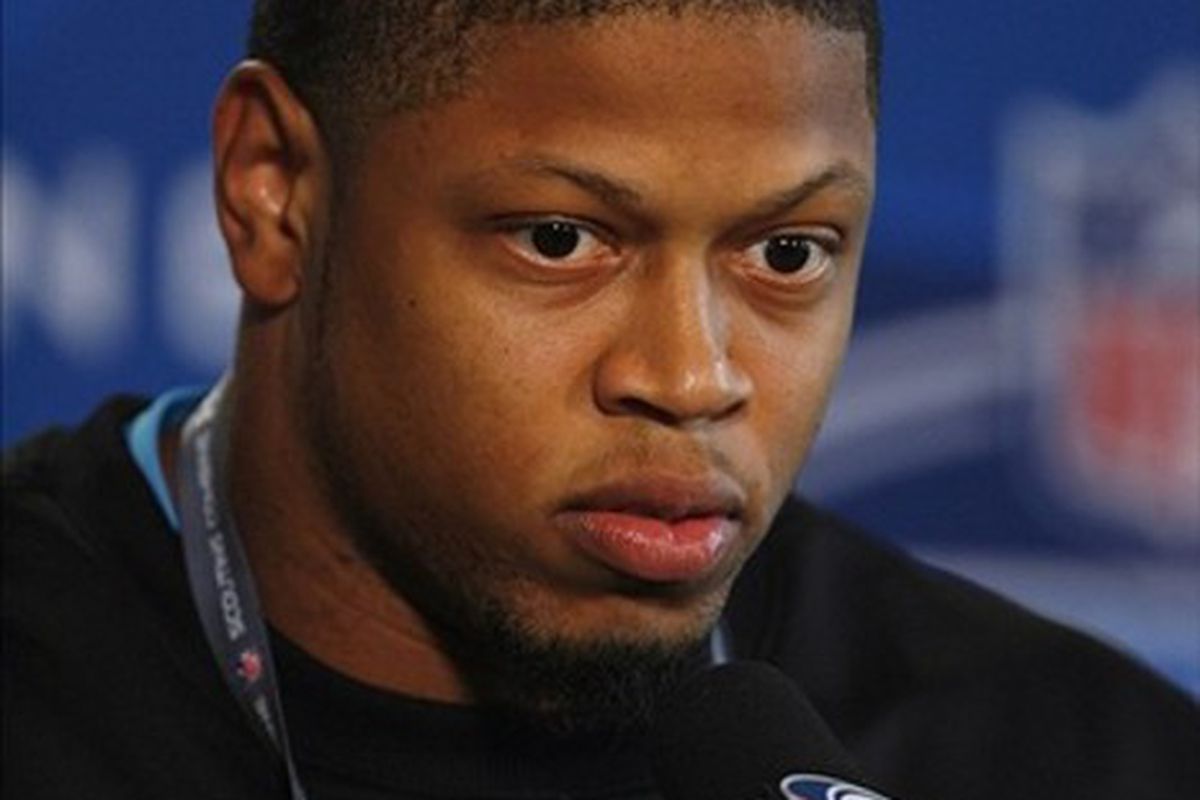 Southern California Trojans defensive lineman Nick Perry speaks at a press conference during the NFL Combine at Lucas Oil Stadium.
