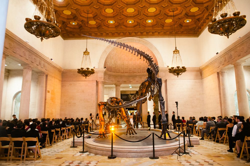 Wedding at the Natural History Museum of Los Angeles County. There is tall fossil of a dinosaur in the center of the room. There are people sitting on chairs.