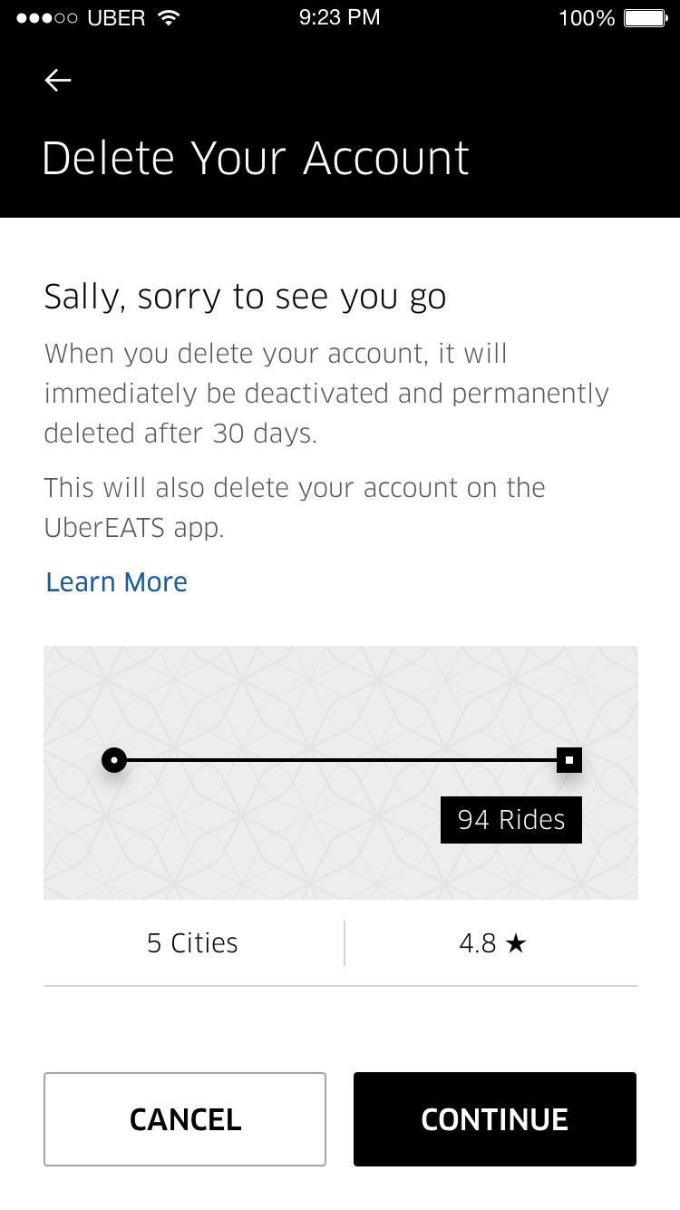 Uber account deletion page