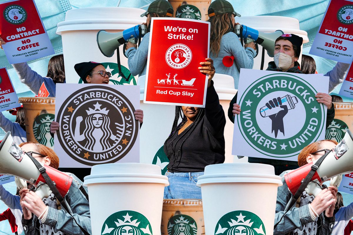 Photo-collage of people holding up signs reading “Starbucks Workers United,” people speaking into bullhorns, and disposable Starbucks coffee cups.