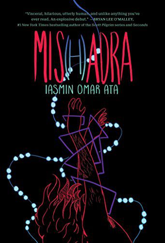 The cover art for Mis(h)adra has a black background with a colorful outline of hands reaching upwards, surrounded by white orbs on a string