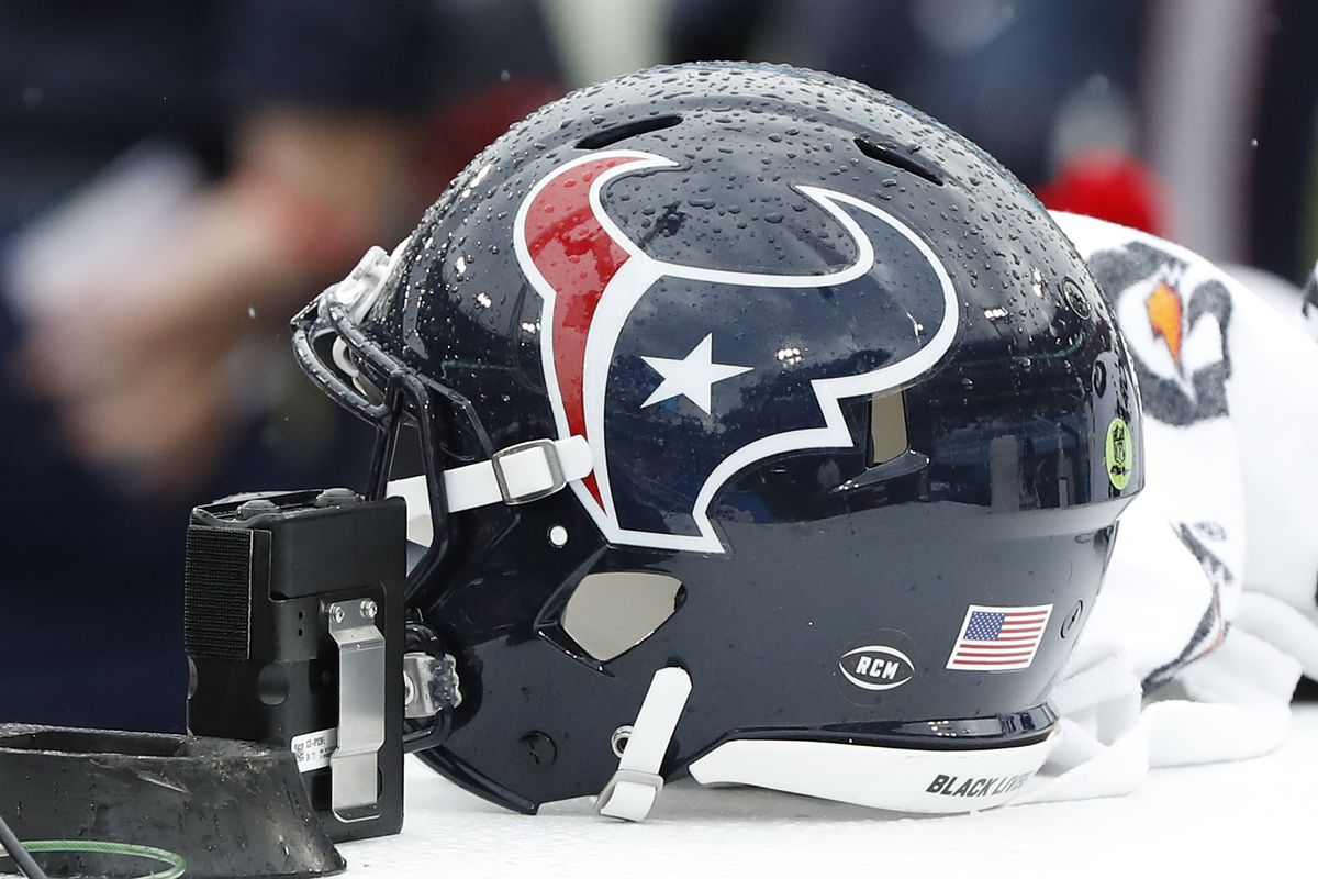 A detailed view of a helmet of the Houston Texans rests on the sideline during a game against the Tennessee Titans at Nissan Stadium on October 18, 2020 in Nashville, Tennessee.