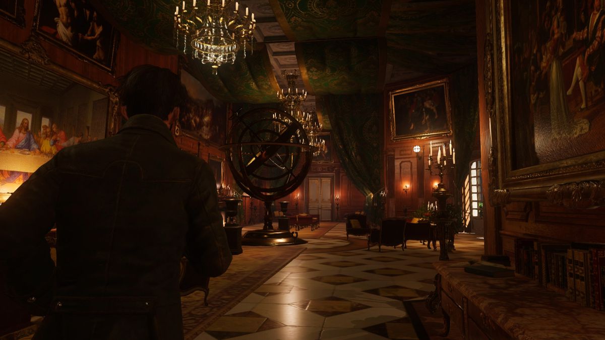 The Council - walking through a fancy room in the mansion with a chandelier above a giant armillary sphere