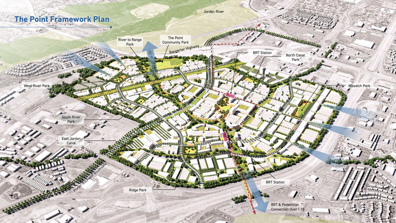 A rendering depicts the The Point’s framework plan, specifically the “river to range” corridor, including 140 acres of green spaces threaded throughout the property meant to allow people to move throughout the community without ever using a road. 