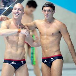 Chris Mears (R) and Nicholas Robinson-Baker of Great Britain look on during the Men’s Synchronised 3m Springboard Diving. (Photo by Adam Pretty/Getty Images)
