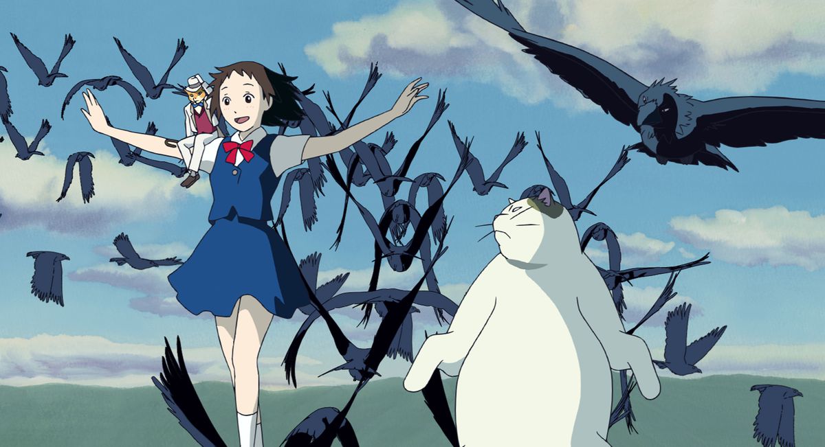 A girl with a tiny top hat wearing cat on one shoulder stands amidst a flock of birds and a larger cat standing on her hind legs in an image from Studio Ghibli's The Cat Returns