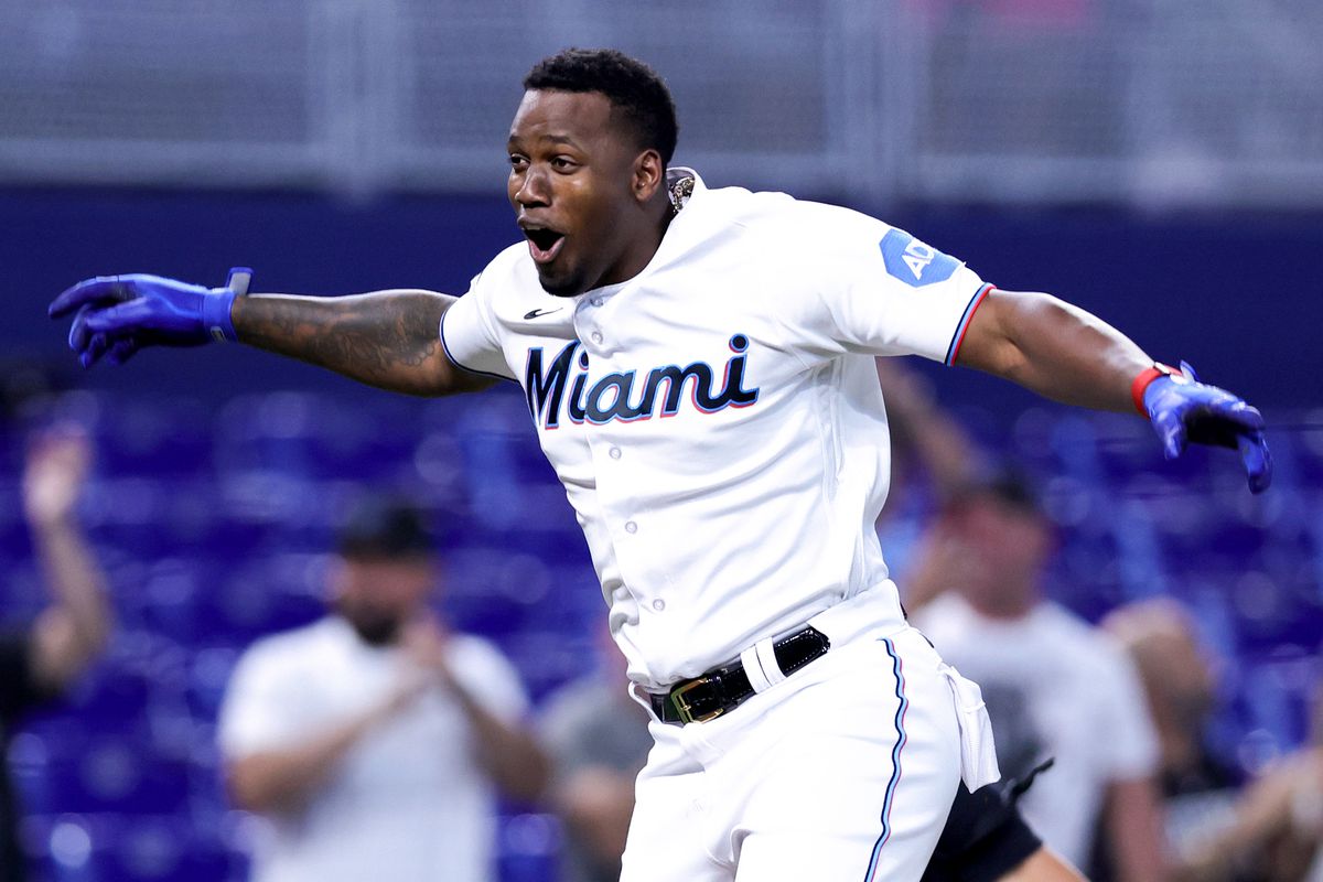 Jorge Soler #12 of the Miami Marlins celebrates walk-off two-run home run in the bottom of the ninth inning for 5-4 win against the Washington Nationals at loanDepot park on May 16, 2023 in Miami, Florida.