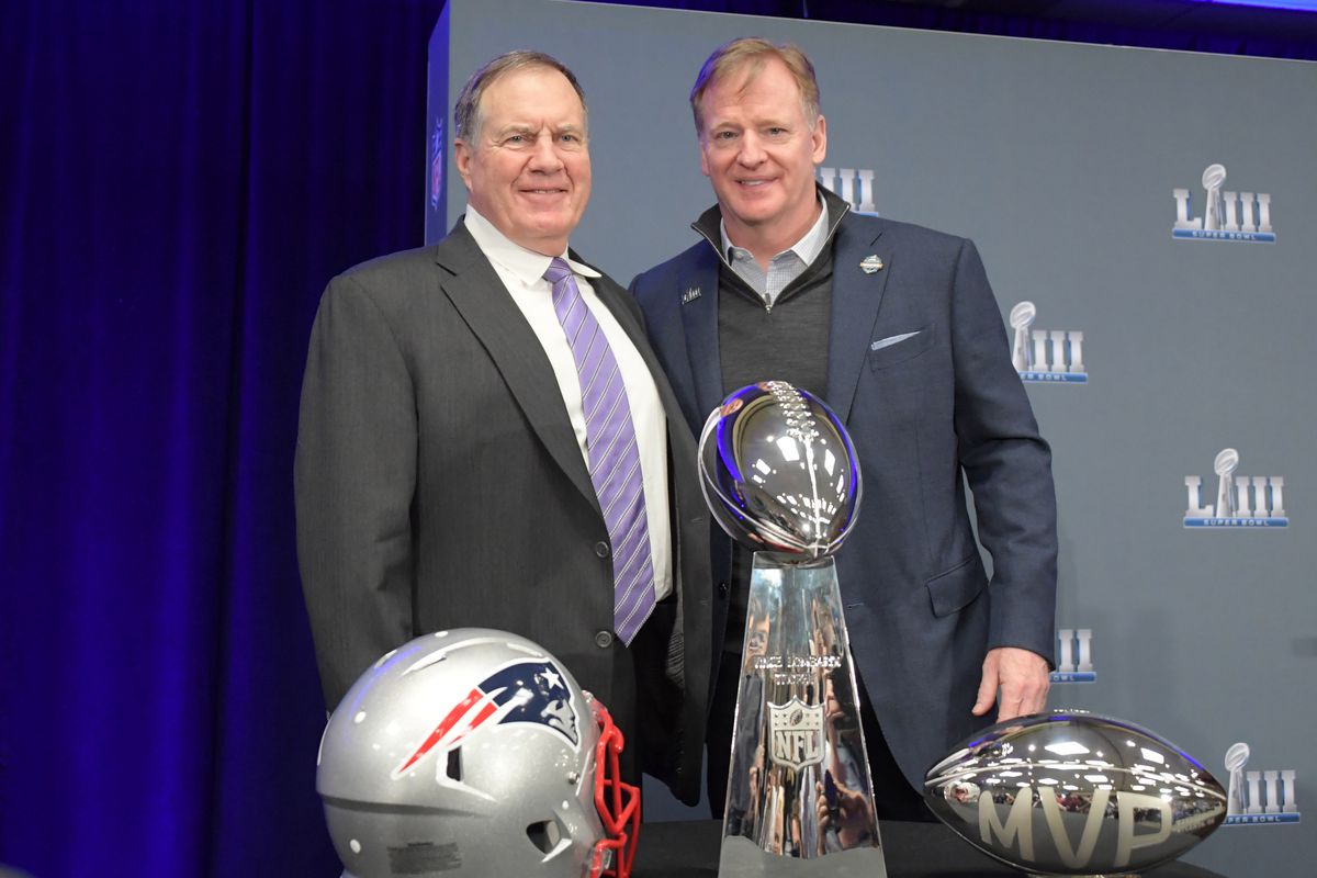 New England Patriots head coach Bill Belichick and NFL commissioner Roger Goodell pose with the Vince Lombardi trophy and Pete Rozelle Most Valuable Player trophy during Super Bowl LIII winning team press conference at Georgia World Congress Center in Atl
